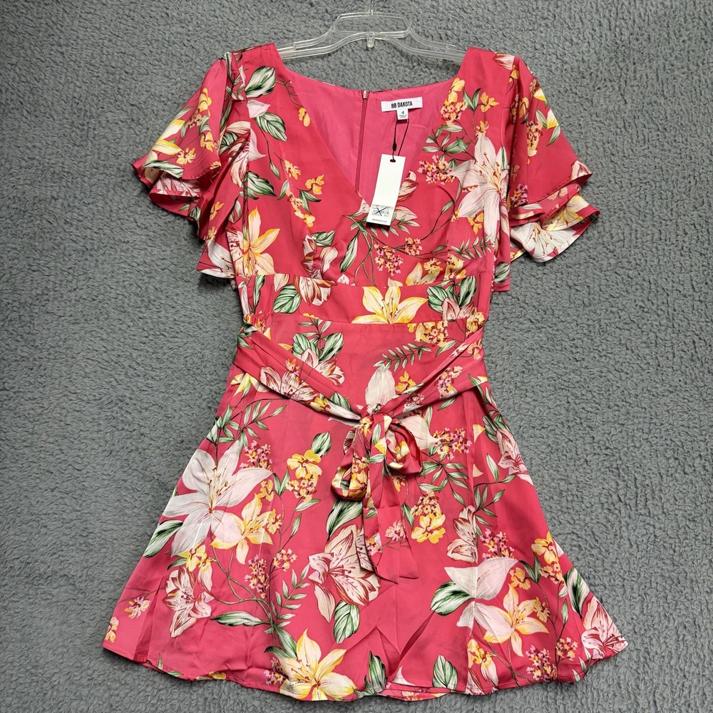 BB Dakota Hot Pink Floral Print V-Neck Ruffle Sleeve Tie Waist Mini Dress Size 4